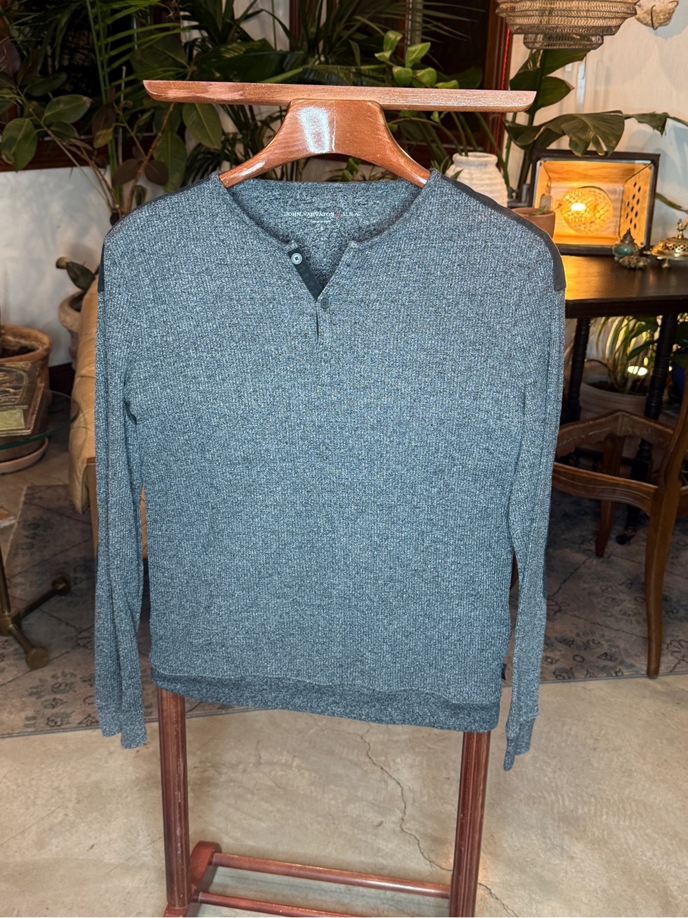 John Varvatos Gray Knit Henley Crewneck Sweater
